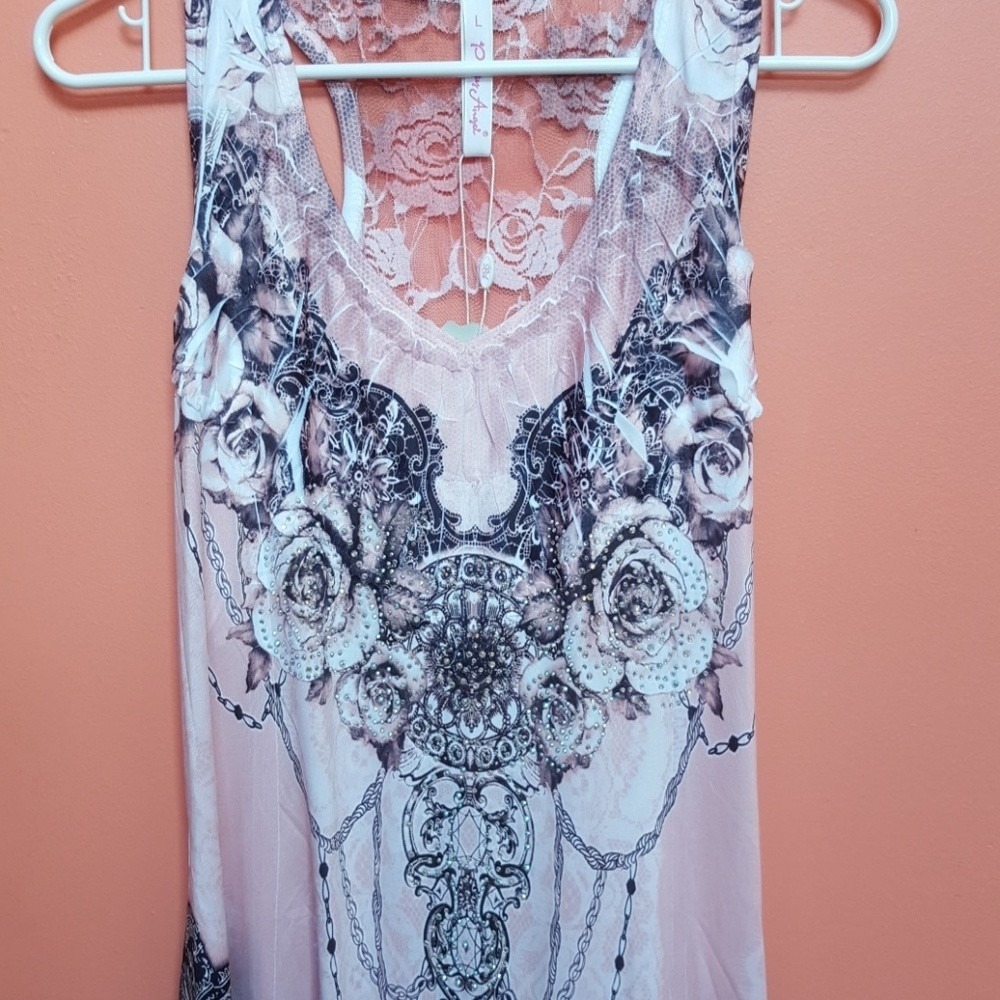 Pretty Angel BOHO Tank Dress Womens L Pink Paisley Lace Back Rhinestone Uneven - Picture 8 of 8